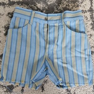 Vintage 1960s 1970s MANN Blue And Beige Stripe Cut Off Shorts Boys Size 7